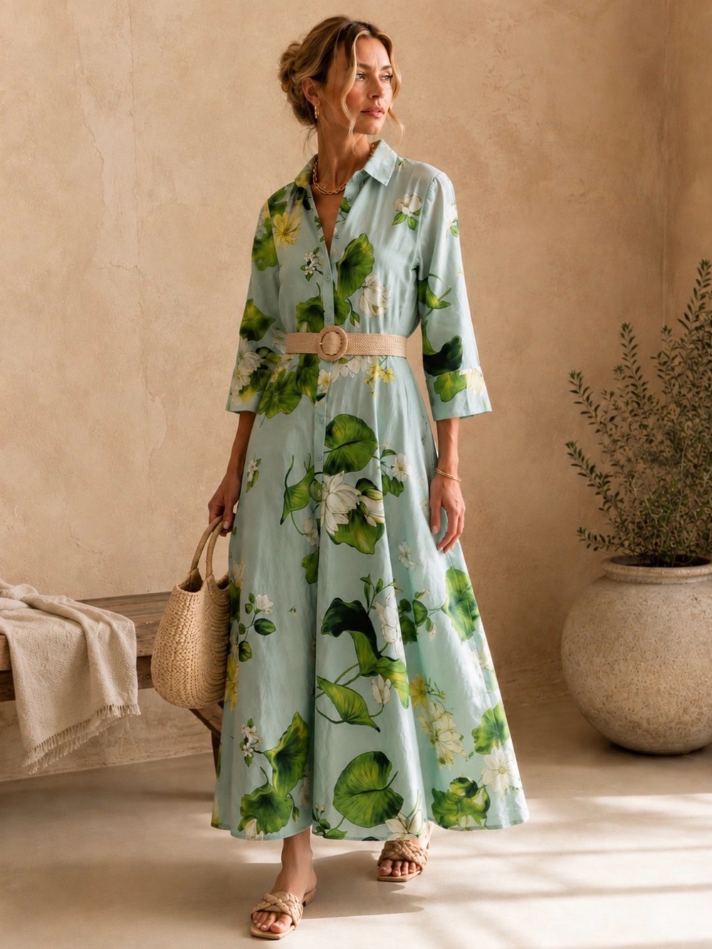 Botanical Floral Cotton Voile Shirt Dress Maxi Cottagecore Romantic XS Green